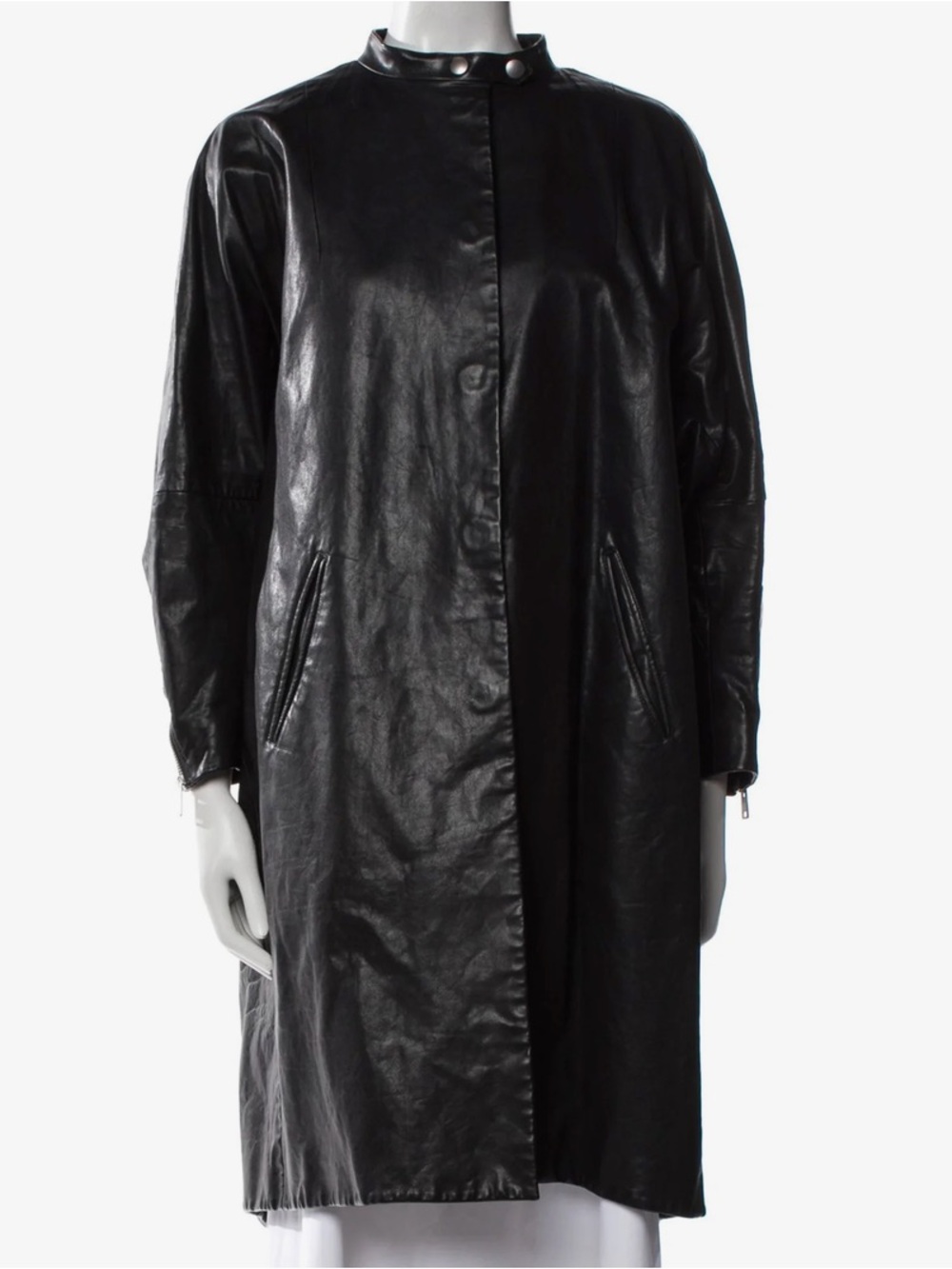 Prada SS23 spring summer 2023 look 37 / Black Leather Long Coat with Snap Collar